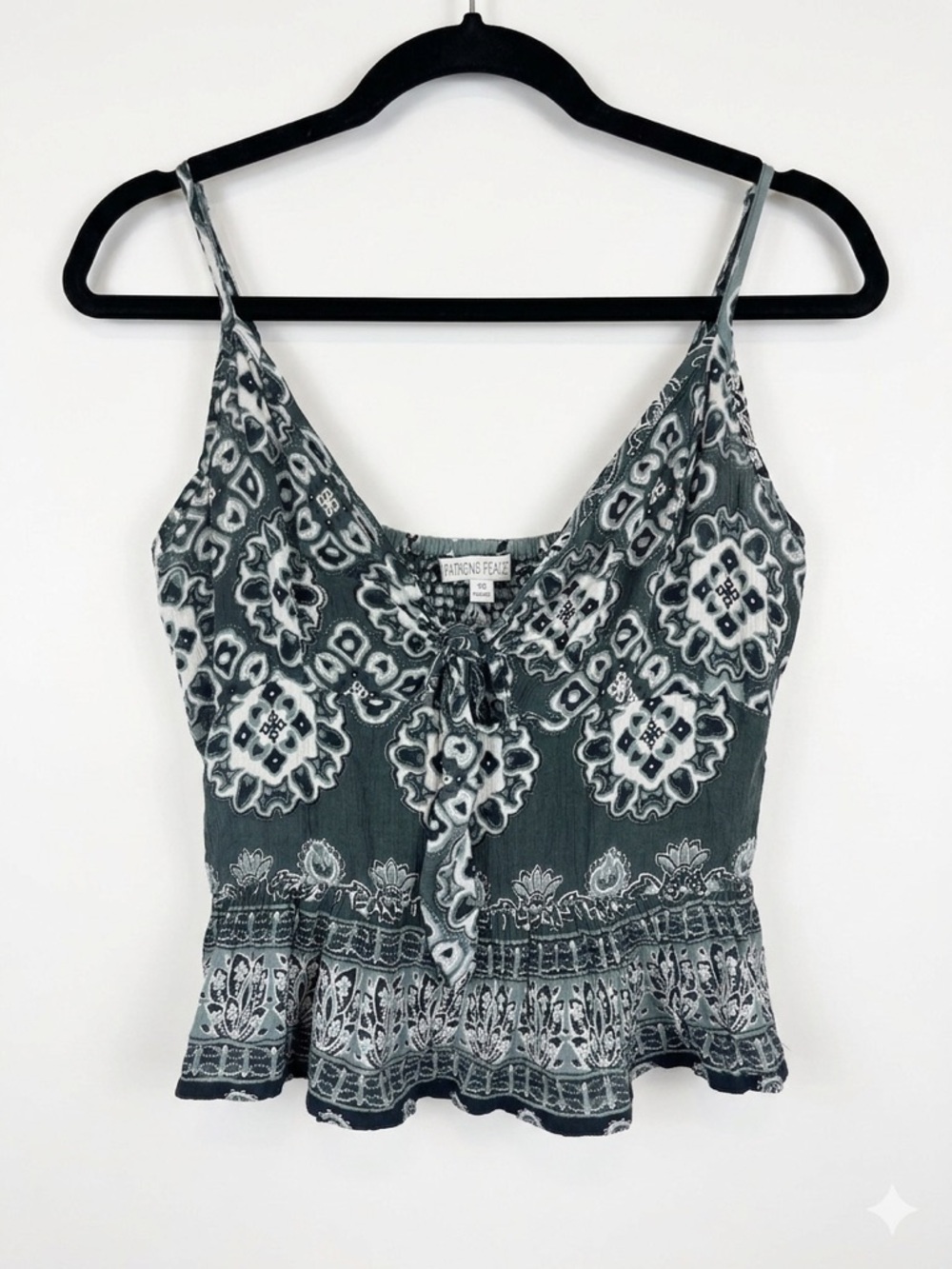 Patrons of Peace Navy and White Printed Tie-Front Peplum Cami